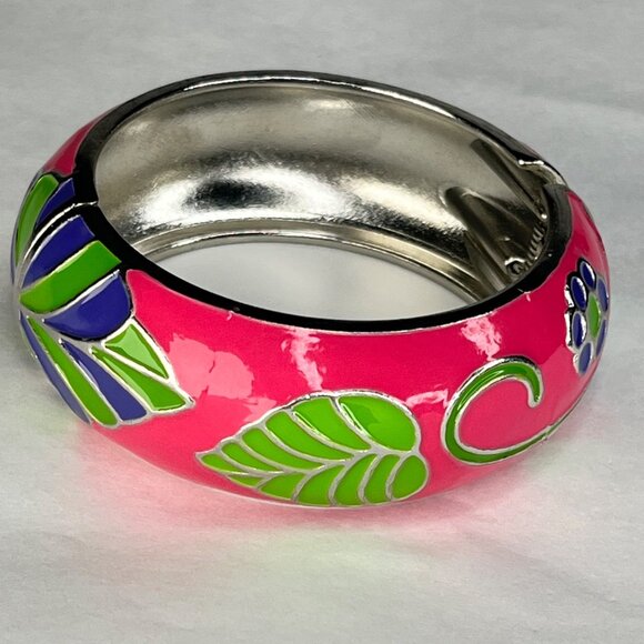 Colorful Floral Hinged Bangle Bracelet With Pink Green & Purple Enamel Design On - Picture 2 of 5